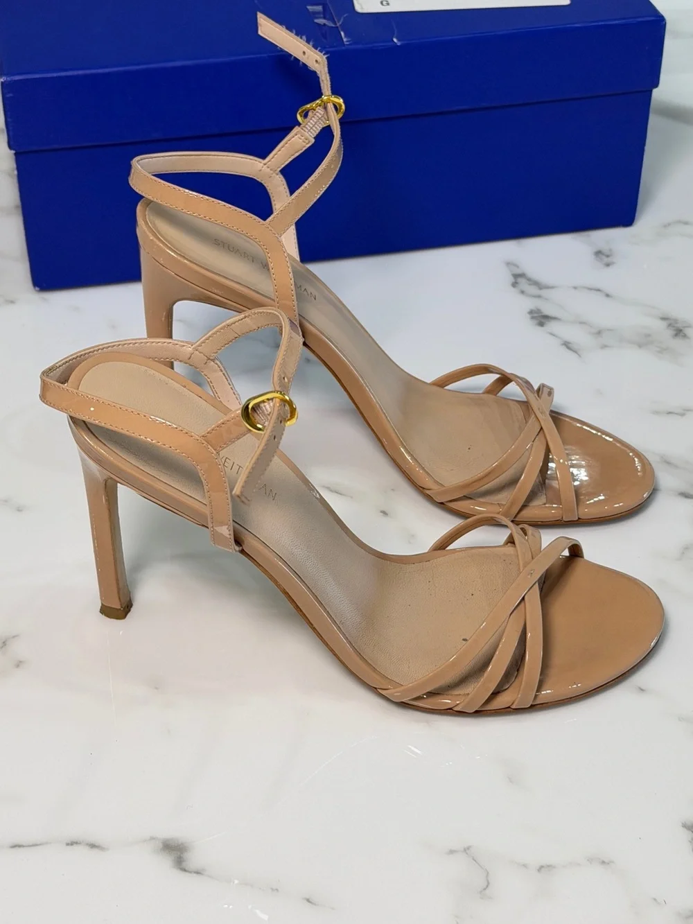 Stuart Weitzman Mykonos Braid Patent Nude Heels Size 7